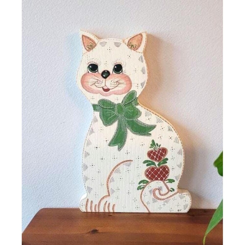 Vintage Hand Painted Cat Wood Plaque Wall Art Shelf Sitter Decor